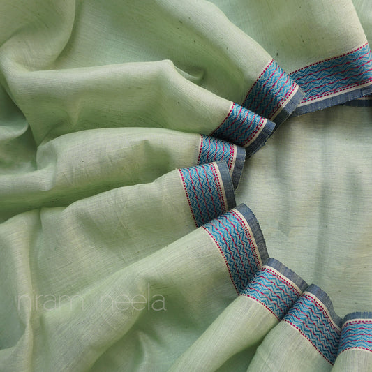 Pista green and blue Maheshwari handspun silk cotton saree - Niram Neela