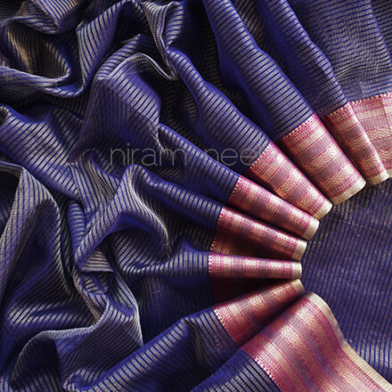 Navy blue Maheshwari silk cotton tissue saree - Niram Neela