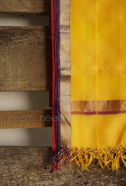 Yellow and Violet Maheshwari silk cotton dupatta - Niram Neela