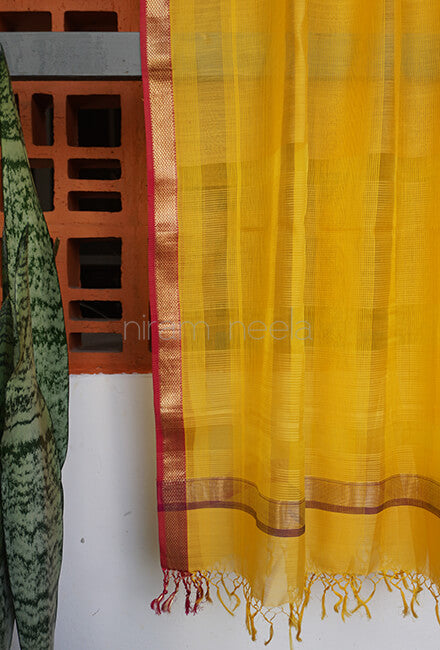 Yellow and Violet Maheshwari silk cotton dupatta - Niram Neela