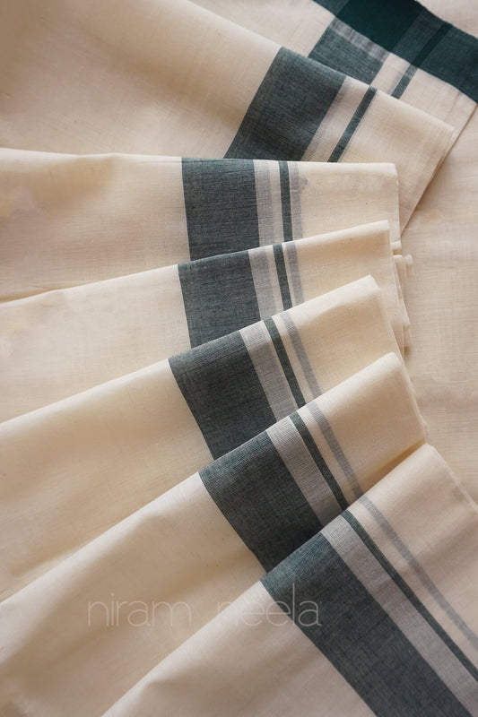 Ivory and dark green double mundu - Niram Neela