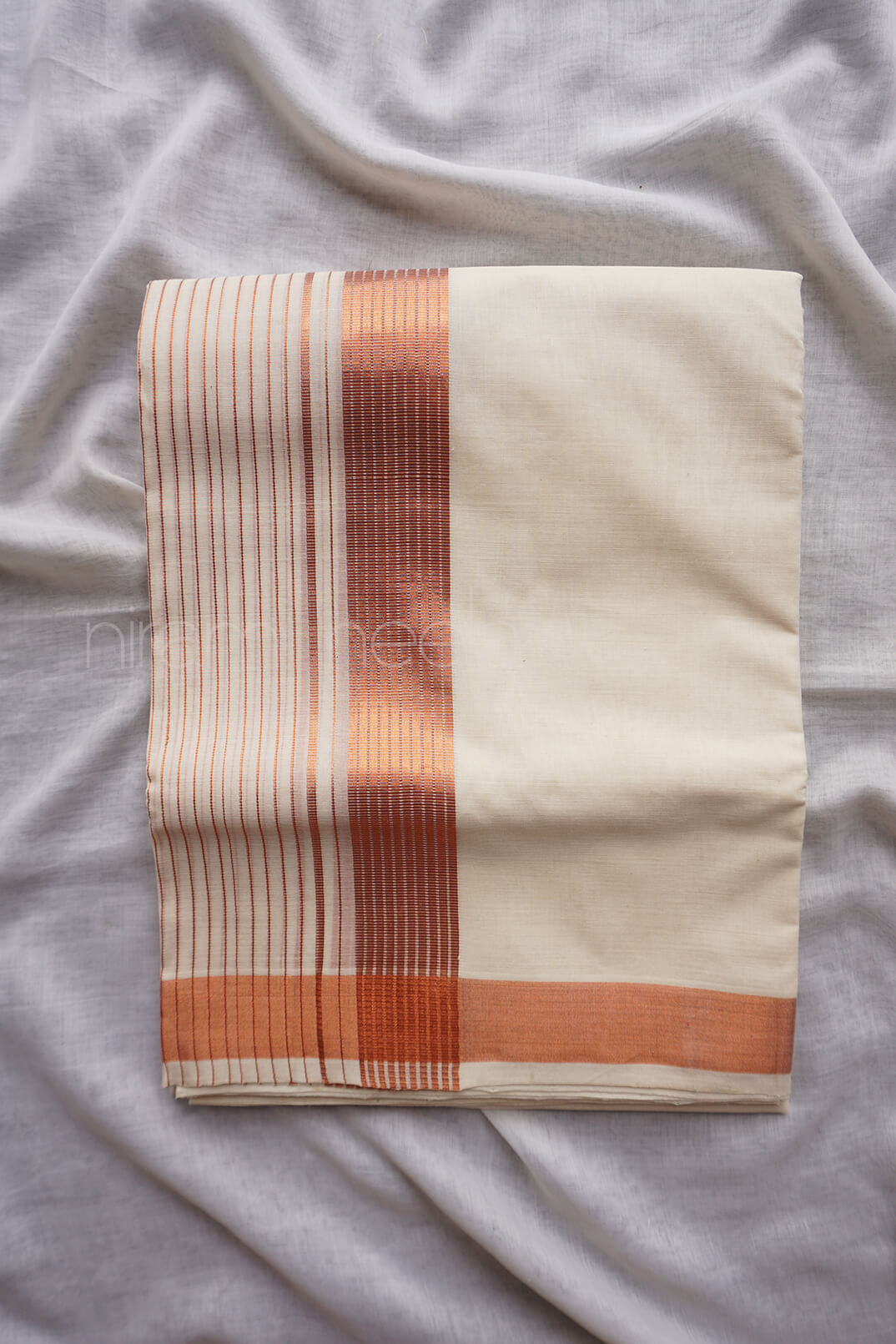 Ivory and copper kasavu double mundu - Niram Neela