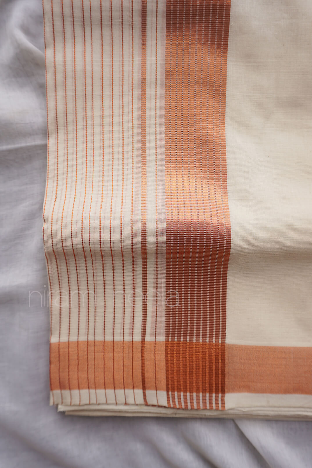 Ivory and copper kasavu double mundu - Niram Neela