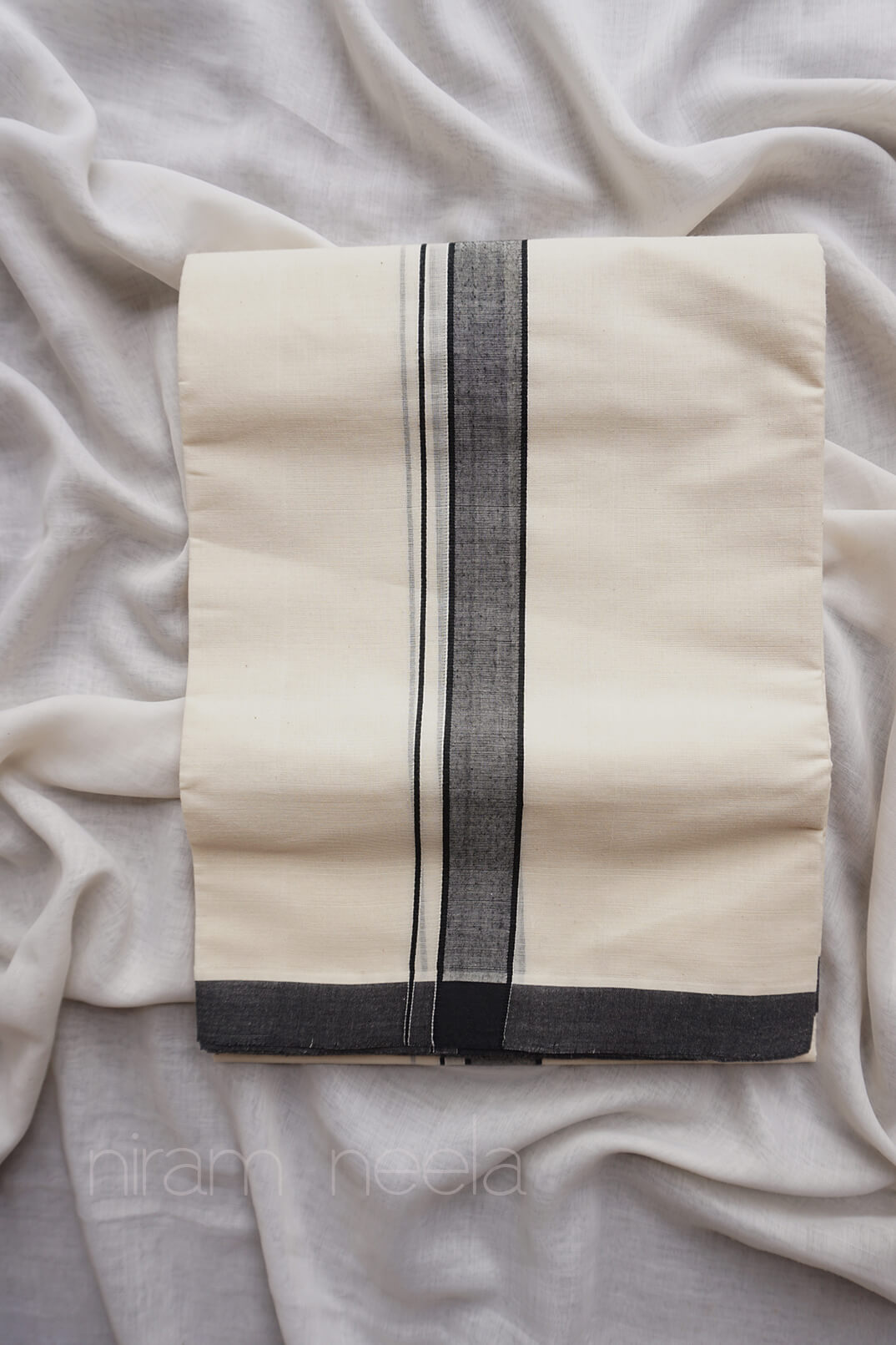 Ivory and black double mundu - Niram Neela