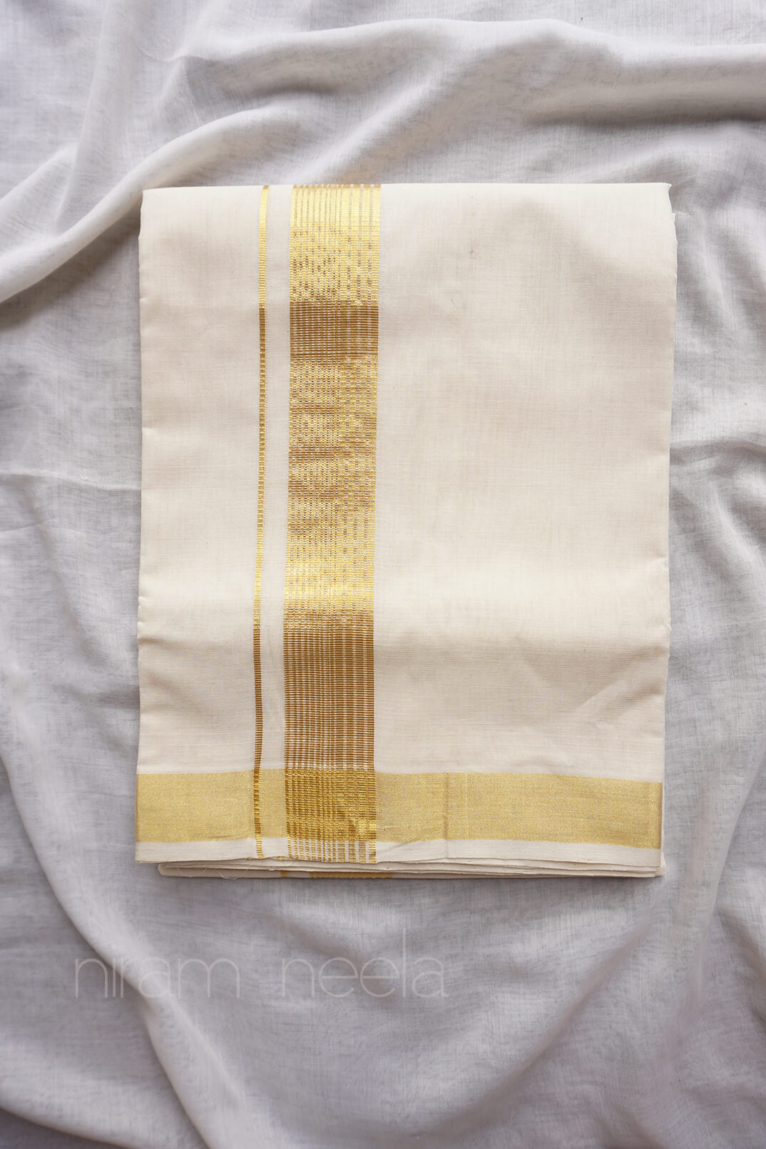 Ivory and gold kasavu double mundu - Niram Neela