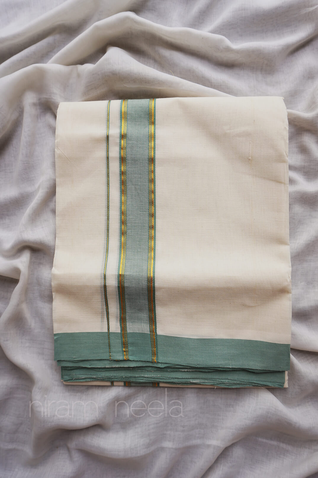 Ivory and sage green double mundu - Niram Neela