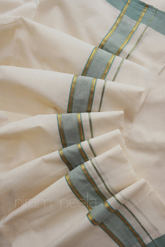 Ivory and sage green double mundu - Niram Neela