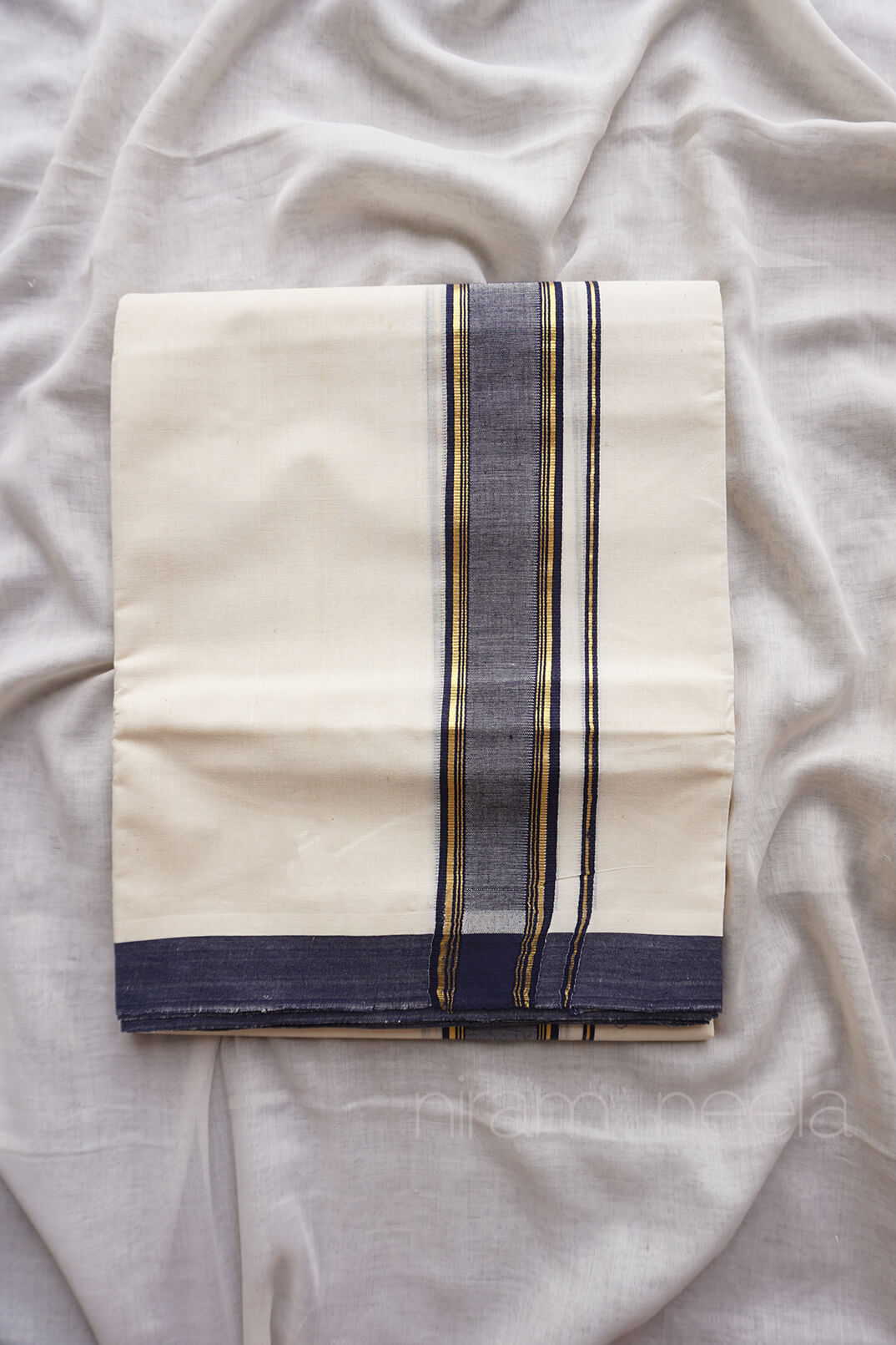 Ivory and navy double kasavu mundu - Niram Neela