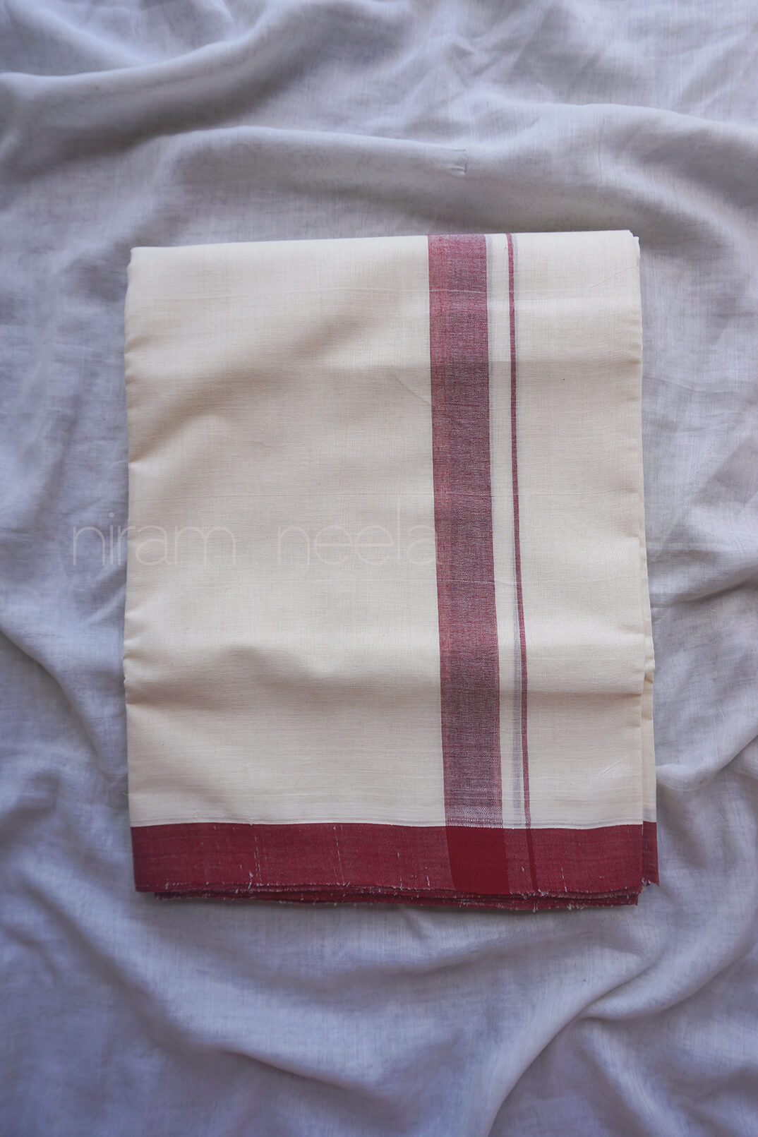 Ivory and maroon double mundu |  Niram Neela