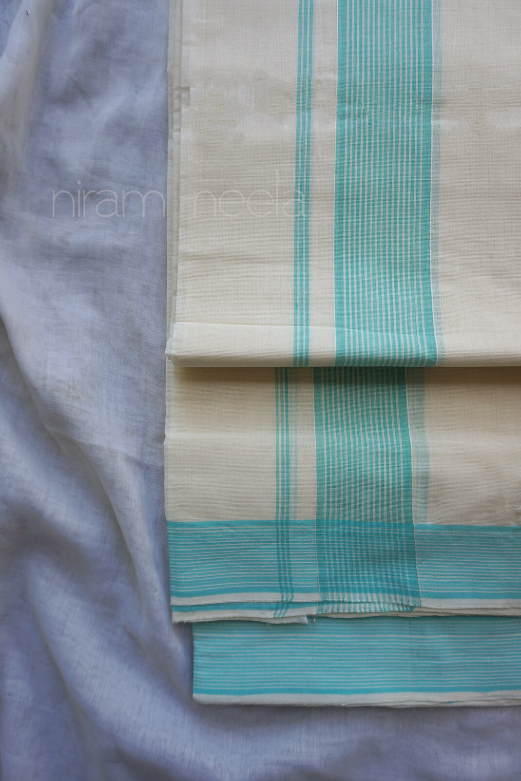 Ivory and teal double mundu