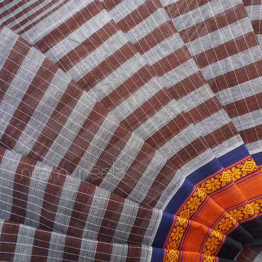 Grey and brown checkered Narayanpet cotton saree - Niram Neela