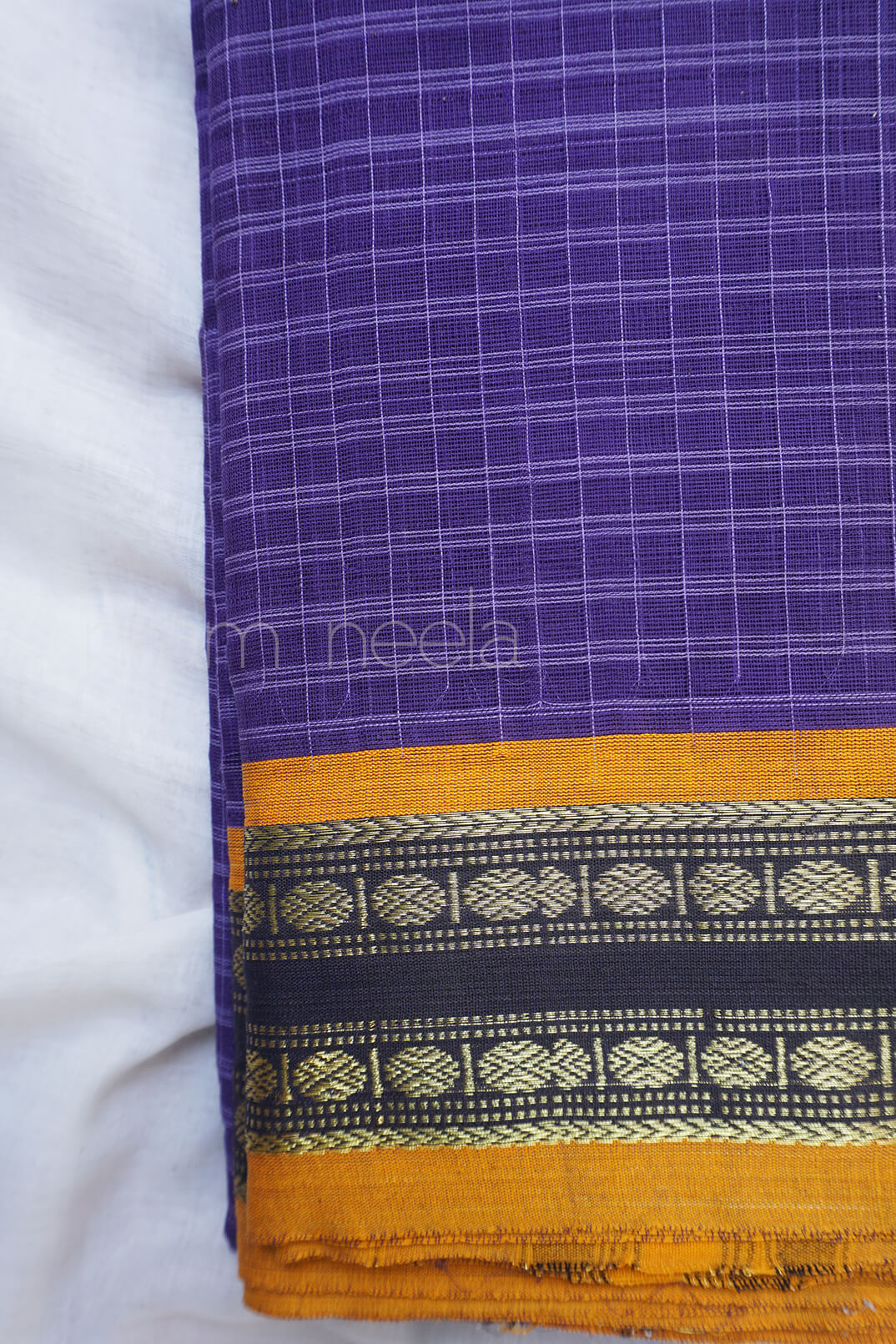 Violet and yellow checkered Narayanpet cotton saree - Niram Neela