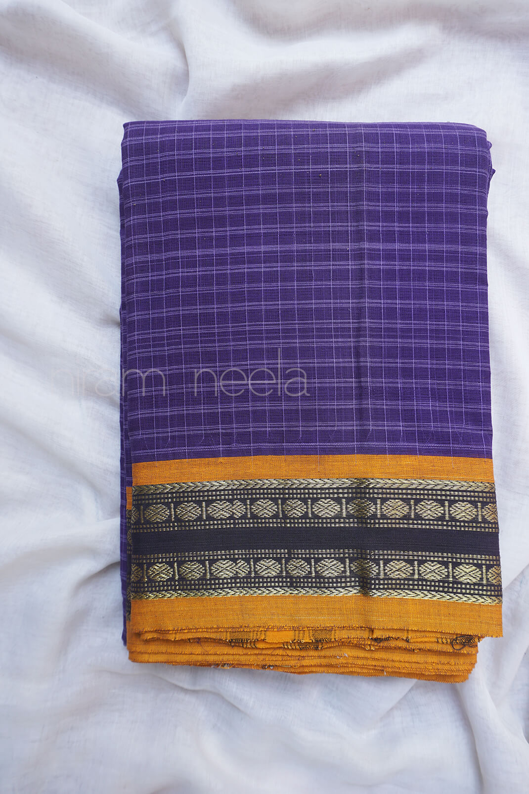 Violet and yellow checkered Narayanpet cotton saree - Niram Neela