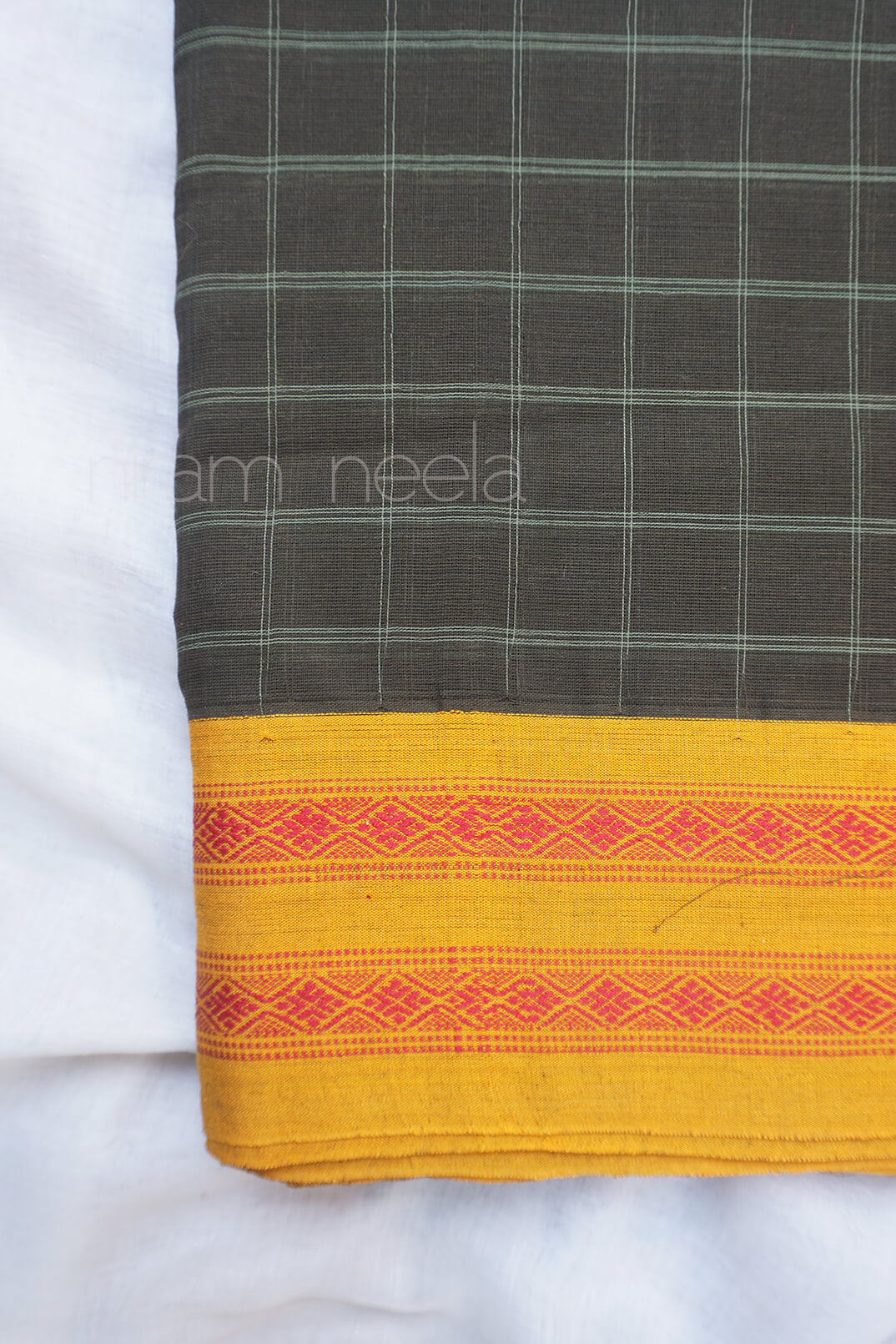 Dark khaki and yellow checkered Narayanpet cotton saree - Niram Neela