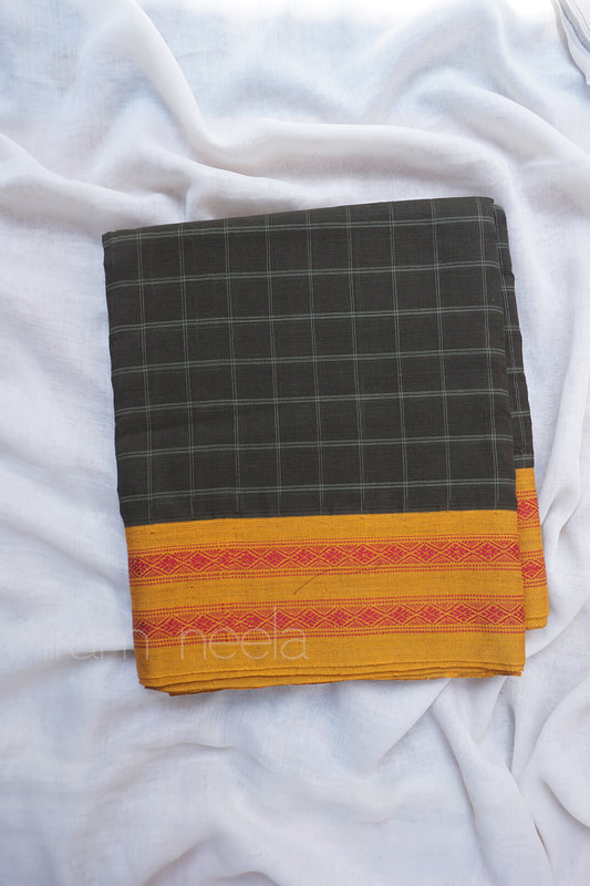 Dark khaki and yellow checkered Narayanpet cotton saree - Niram Neela