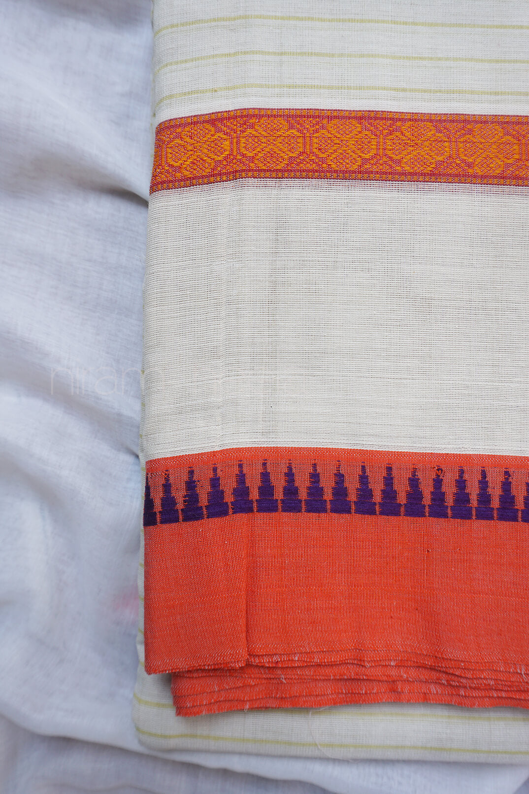 Offwhite and orange striped Narayanpet cotton saree - Niram Neela