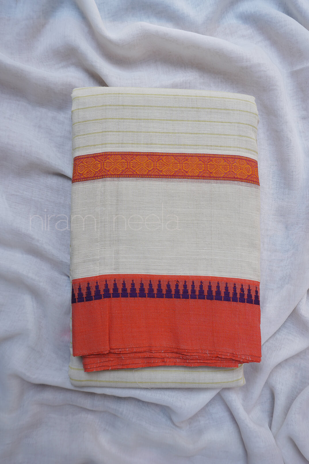 Offwhite and orange striped Narayanpet cotton saree - Niram Neela