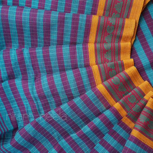 Blue and purple checkered Narayanpet cotton saree - Niram Neela