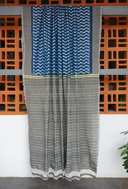 Blue and grey Pochampally Ikat cotton saree - Niram Neela