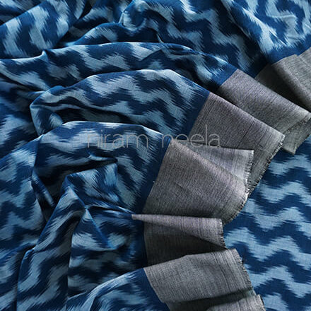 Blue and grey Pochampally Ikat cotton saree - Niram Neela