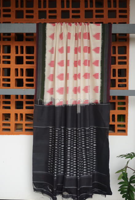 White and black Pochampally cotton saree - Niram Neela