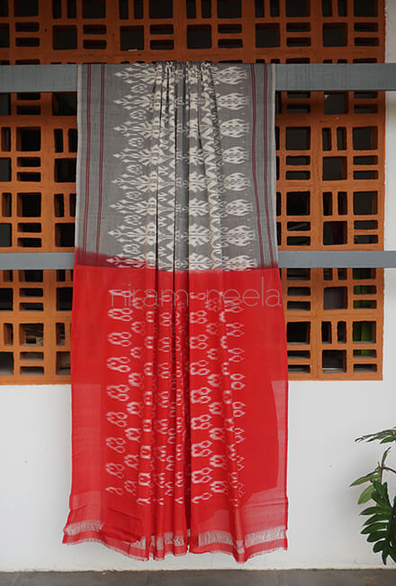 Grey and red Pochampally cotton saree - Niram Neela