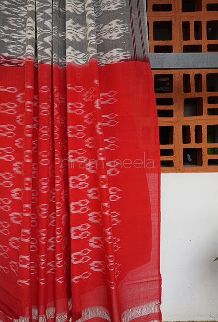 Grey and red Pochampally cotton saree - Niram Neela