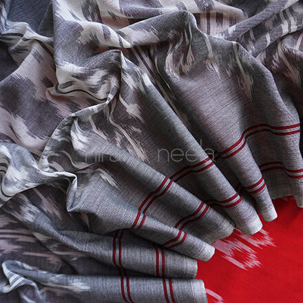 Grey and red Pochampally cotton saree - Niram Neela