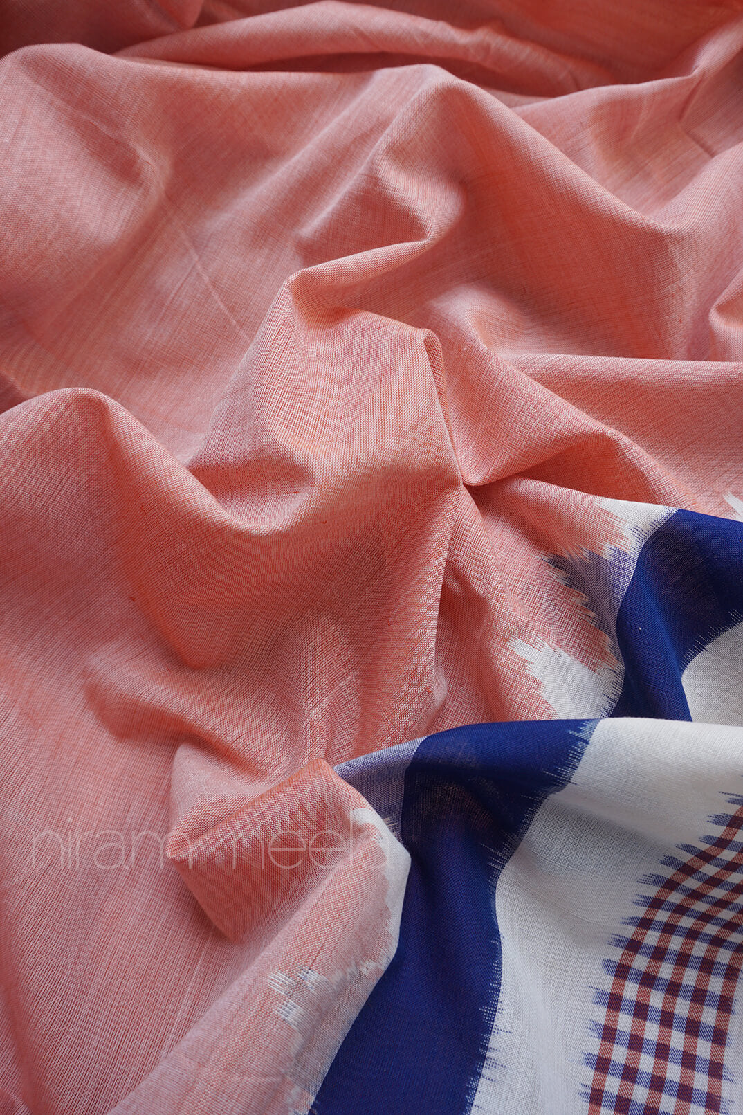 Peach and blue Pochampally ikat cotton saree - Niram Neela