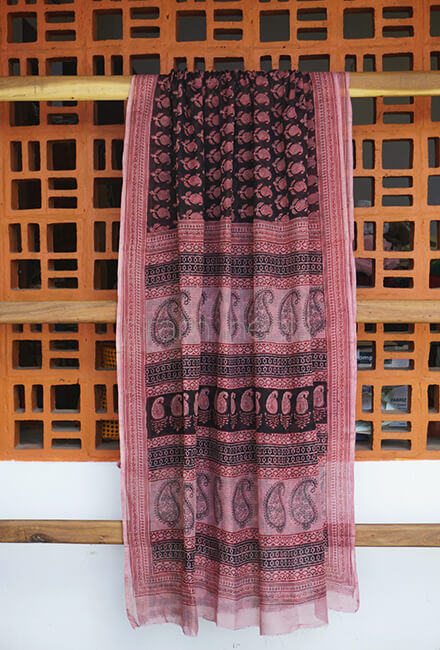 Black and maroon block printed Kota cotton saree - Niram Neela