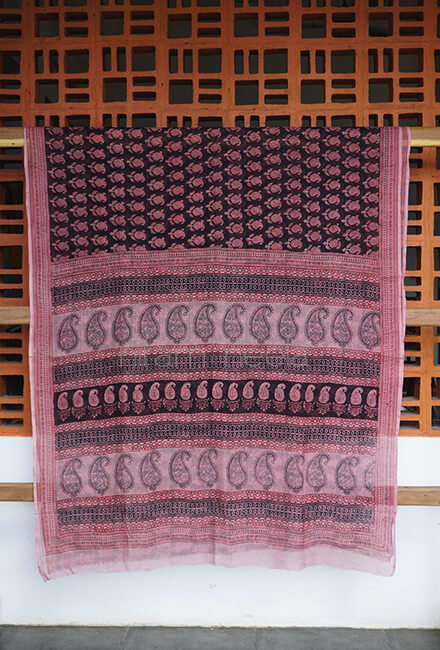 Black and maroon block printed Kota cotton saree - Niram Neela