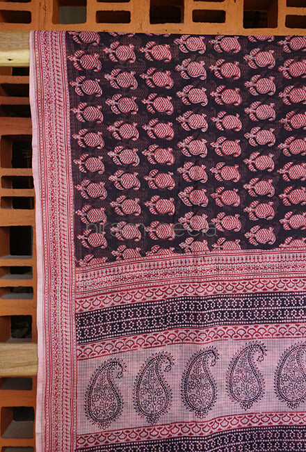 Black and maroon block printed Kota cotton saree - Niram Neela