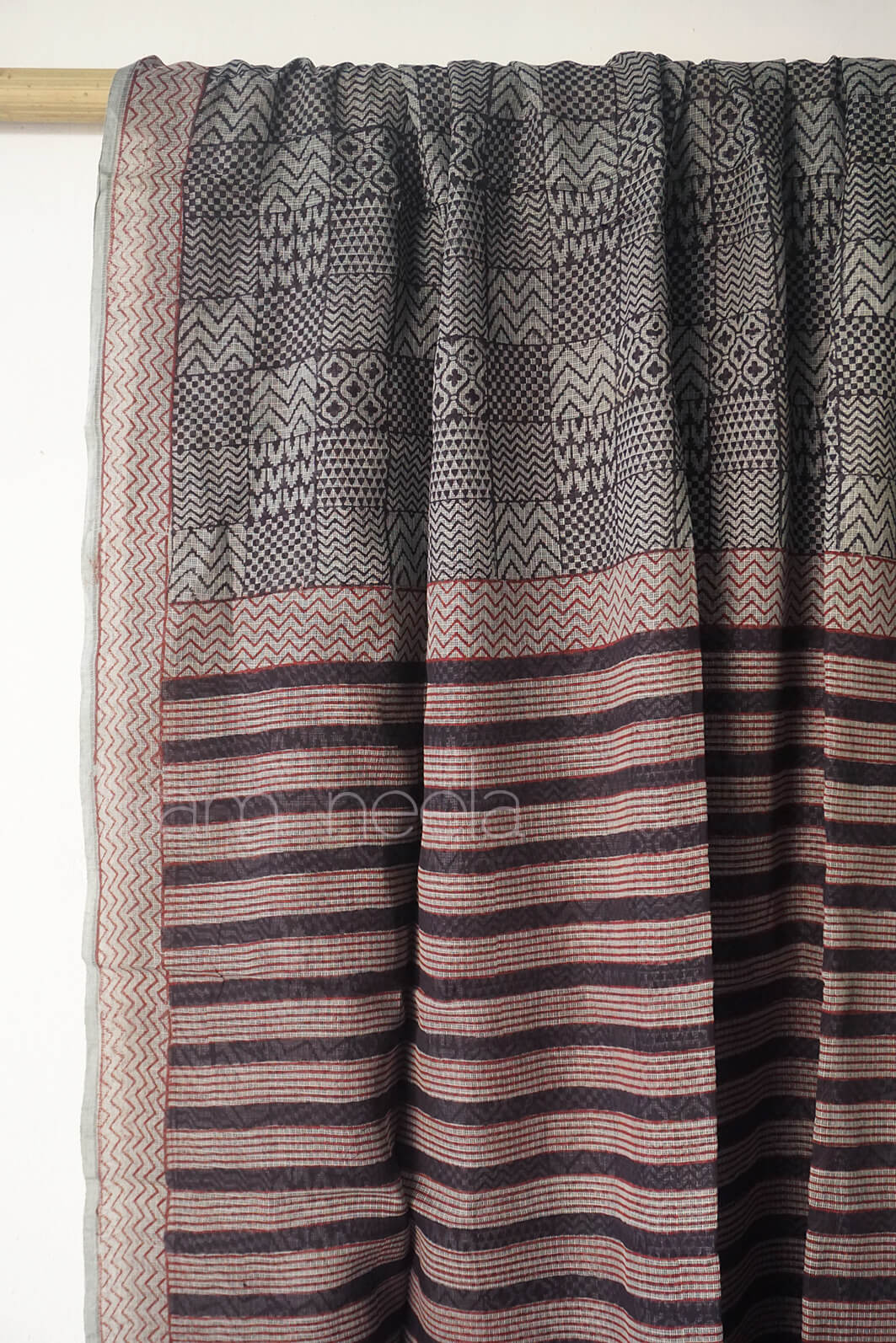 Grey and black block printed Kota cotton saree - Niram Neela