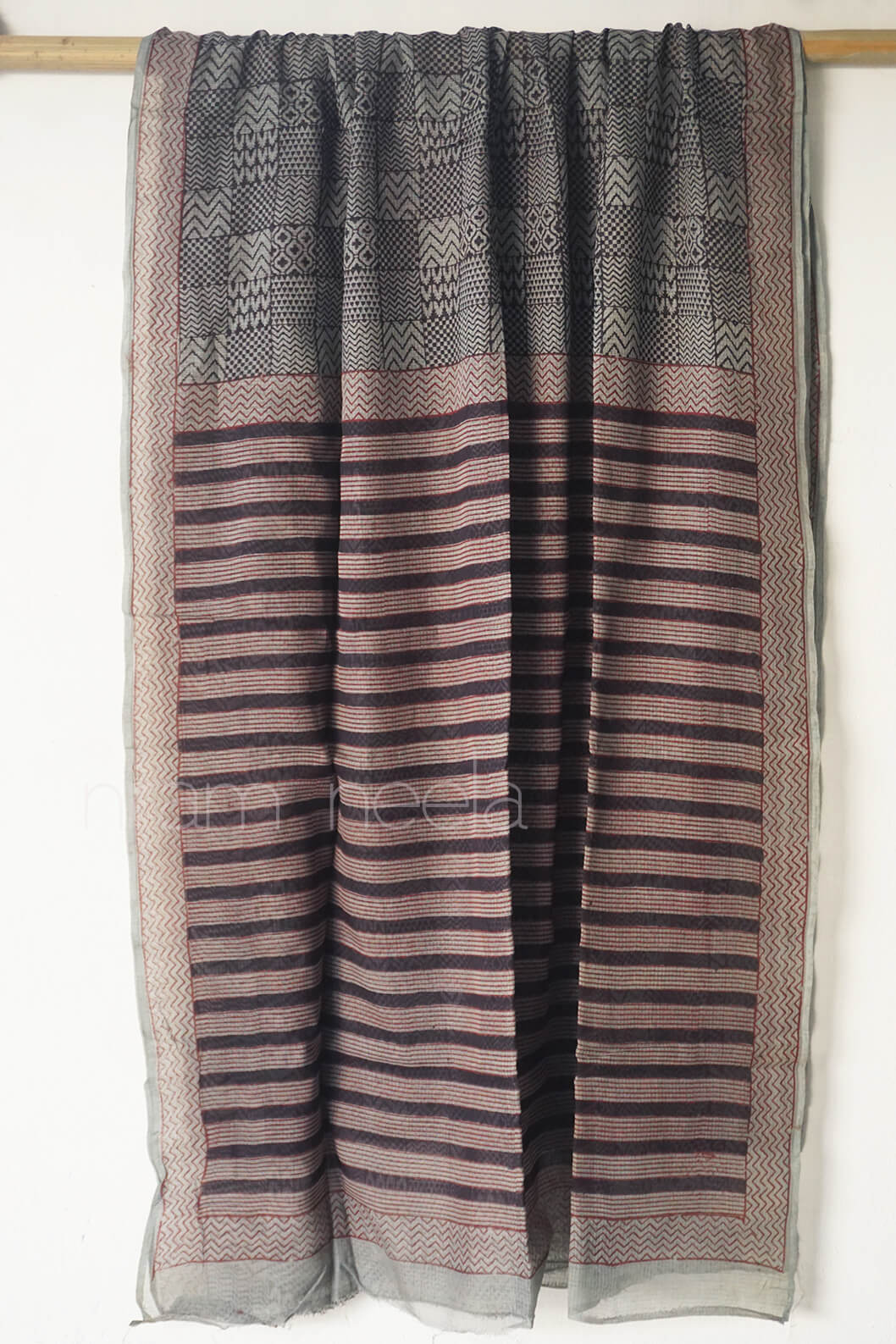 Grey and black block printed Kota cotton saree - Niram Neela