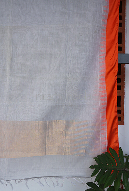 Grey and orange Ponduru handspun cotton saree - Niram Neela