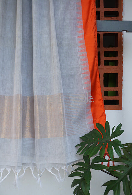 Grey and orange Ponduru handspun cotton saree - Niram Neela