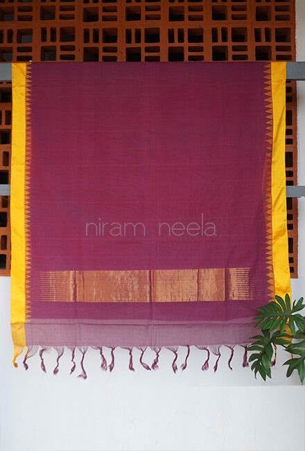 Aubergine and yellow Ponduru handspun cotton saree - Niram Neela