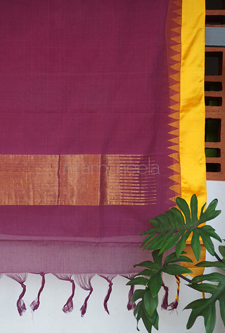 Aubergine and yellow Ponduru handspun cotton saree - Niram Neela