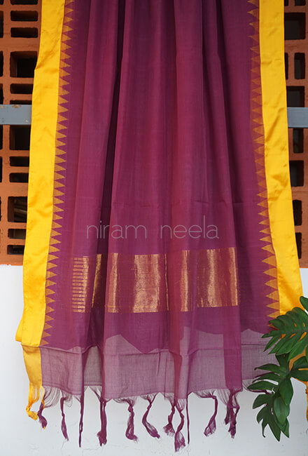 Aubergine and yellow Ponduru handspun cotton saree - Niram Neela