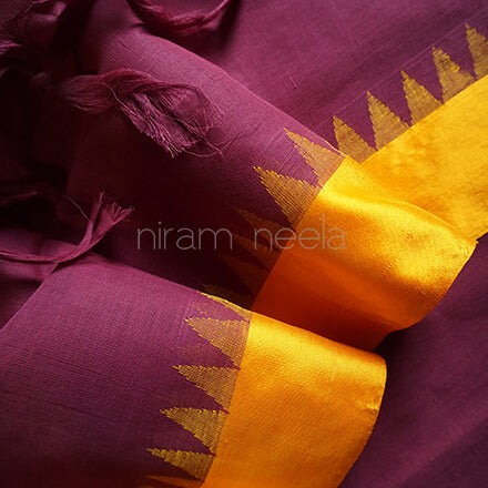 Aubergine and yellow Ponduru handspun cotton saree - Niram Neela