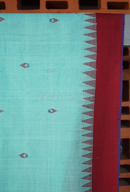 Teal and maroon Ponduru jamdani handspun cotton saree - Niram Neela