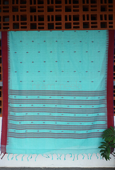 Teal and maroon Ponduru jamdani handspun cotton saree - Niram Neela