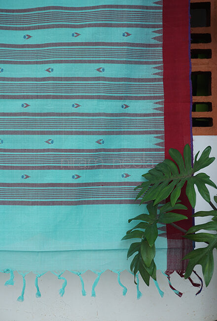 Teal and maroon Ponduru jamdani handspun cotton saree - Niram Neela