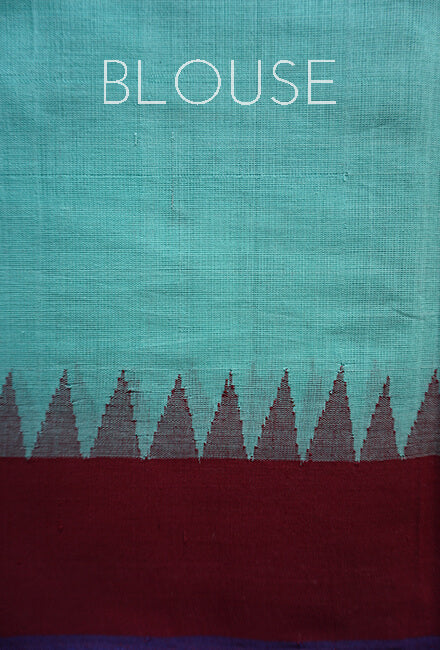 Teal and maroon Ponduru jamdani handspun cotton saree - Niram Neela