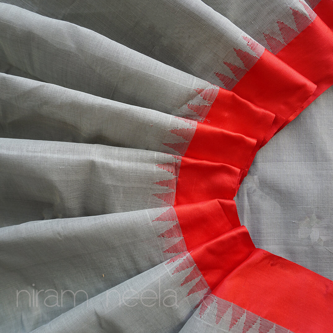 Grey and red Ponduru handspun cotton saree - Niram Neela