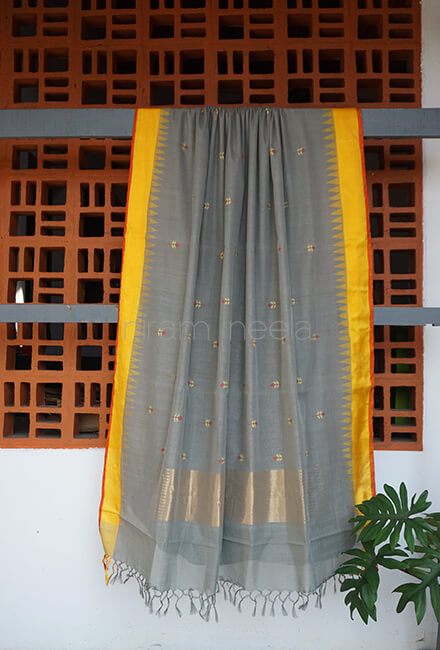 Grey and yellow Ponduru jamdani handspun cotton saree - Niram Neela