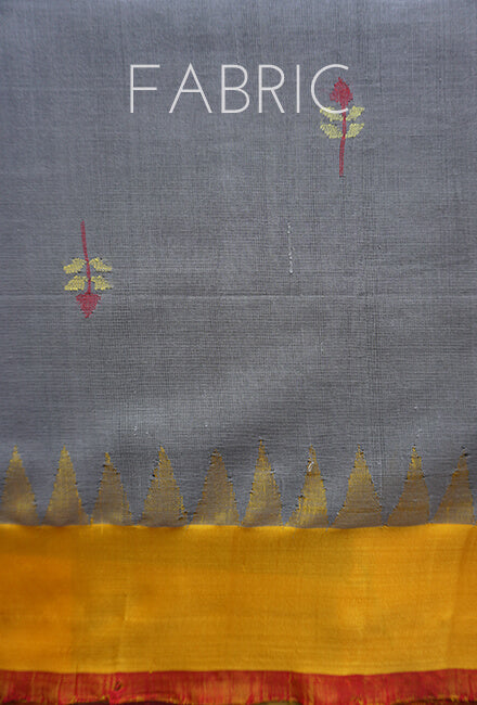 Grey and yellow Ponduru jamdani handspun cotton saree - Niram Neela