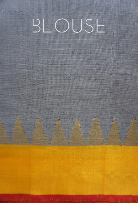 Grey and yellow Ponduru jamdani handspun cotton saree - Niram Neela