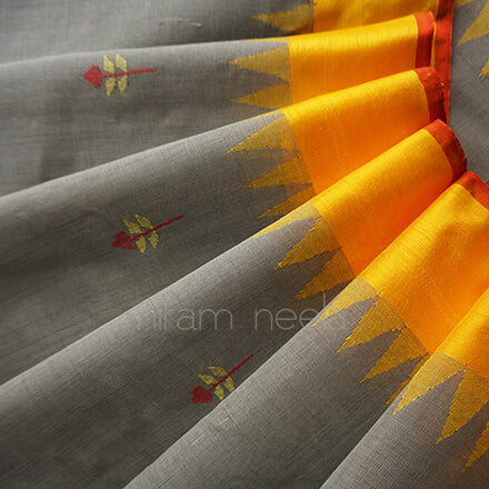 Grey and yellow Ponduru jamdani handspun cotton saree - Niram Neela