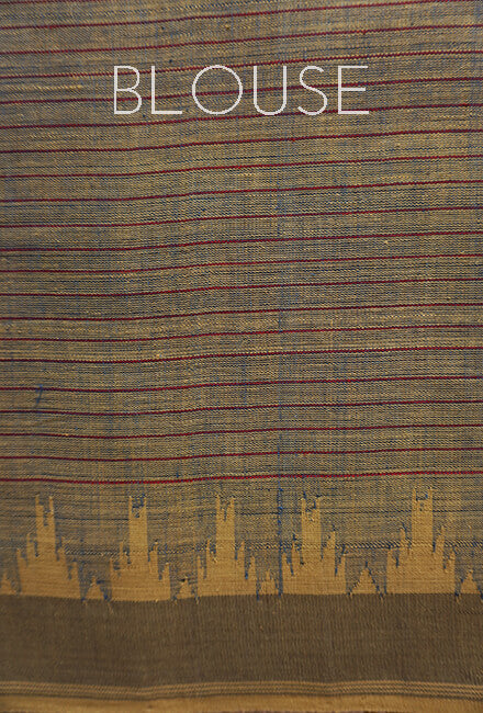 Khaki striped Ponduru handspun cotton saree - Niram Neela